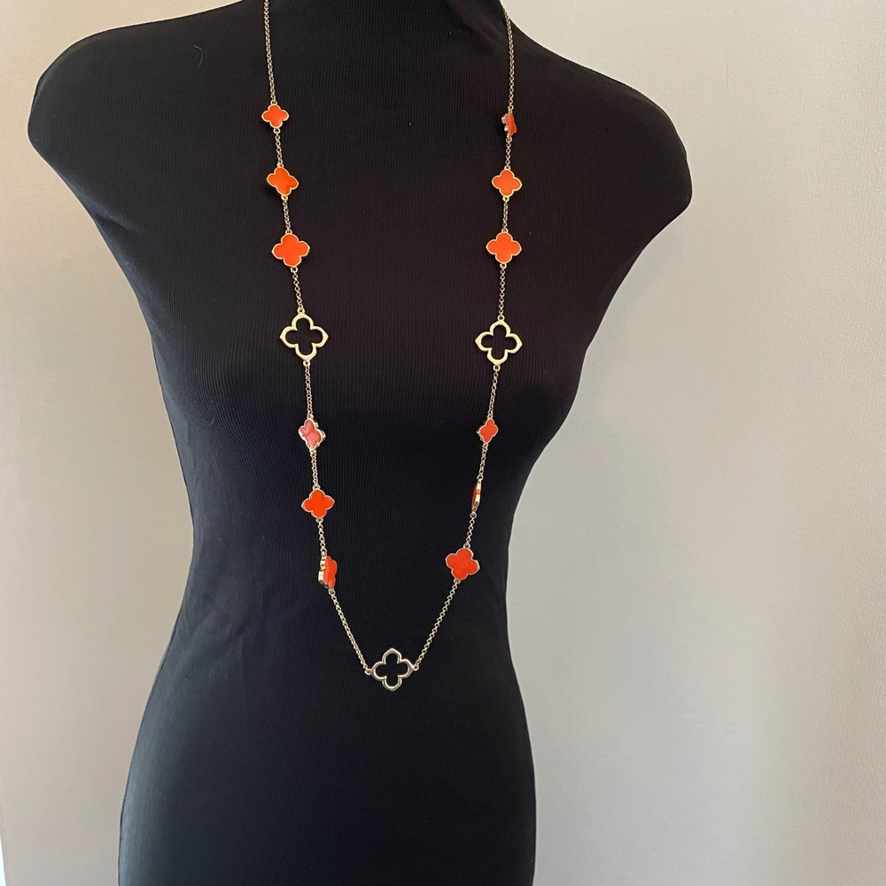 Orange Enamel Clover Long Station Necklace Gold Tone Quatrefoil 40 Inch Layering